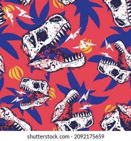 Seamless pattern of a dinosaurs skull with palm tree background elements. For boys swimming shorts