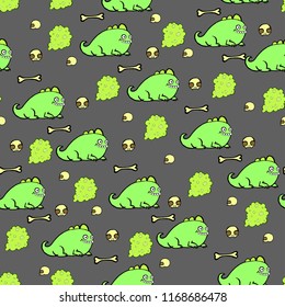 seamless pattern of dinosaurs and skulls on gray background