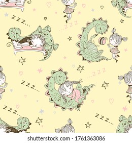 Seamless pattern with dinosaurs and small children. Vector