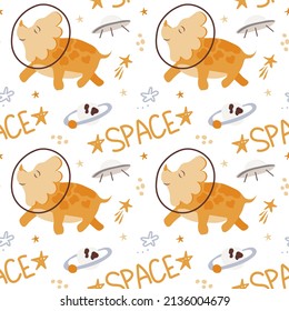 Seamless pattern with dinosaurs in space, drawn elements in a flat style. Handwritten inscription. Dinosaurs with planets on white background. Planets, stars and spaceships. Jurassic reptiles. 