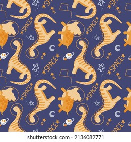 Seamless pattern with dinosaurs in space, drawn elements in a flat style. Handwritten inscription. Dinosaurs with planets on white background. Planets, stars and spaceships. Jurassic reptiles. 