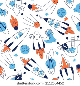Seamless pattern of dinosaurs in space on a white background. The pattern is made with a line. Dino travels on a rocket through the galaxy. Pattern for a boy. flat vector illustration