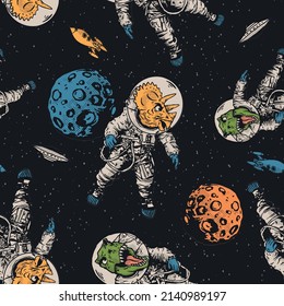 Seamless pattern of a dinosaurs with space and ufo, rocket,planet,stars background elements