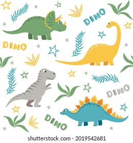 Seamless pattern with dinosaurs, stars, leaves and lettering. Vector illustration. Ideal for baby clothes, textiles, wallpaper, wrapping paper.