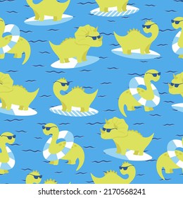 Seamless pattern with dinosaurs swim. Cartoon hand drawn illustration with board and circle for swimming.