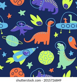 Seamless pattern of dinosaurs traveling in space. Dino traveling the galaxy with stars, planets. Children's packaging with a space dinosaur. Flat vector illustration.