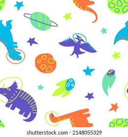Seamless pattern of dinosaurs traveling in space on a white background. Dino travels through the galaxy with stars and planets. Design of children's goods. Flat vector illustration.