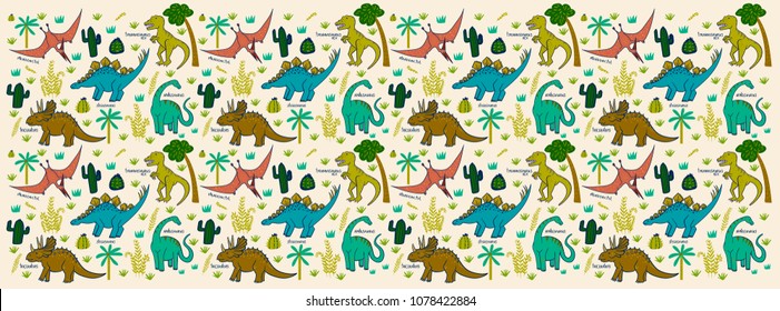 seamless pattern with dinosaurs, trees and fern