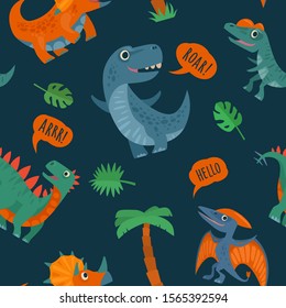 Seamless pattern with dinosaurs. Triceratops, tyrannosaurus, stegosaurus, pterosaur, corythosaurus. Vector colorful flat illustration isolated on dark background. Design for t-shirt or poster