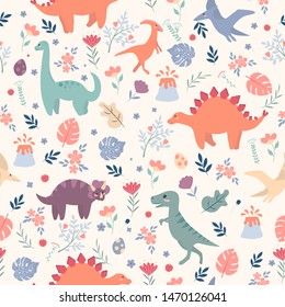 Seamless pattern with dinosaurs and tropical leaves and flowers. Perfect for kids fabric, textile, wallpaper. Cute dino design. Vector illustration.