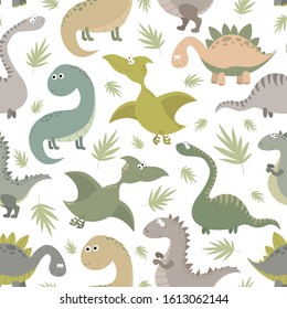 Seamless pattern with dinosaurs and tropical leaves. Vector illustration with cute Dino design.