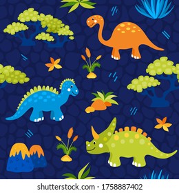 Seamless pattern with dinosaurs and tropical leaves and flowers. Vector illustration for textile and fabric.