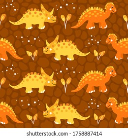 Seamless pattern with dinosaurs and tropical leaves. Vector illustration for textile and fabric.