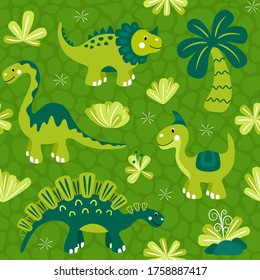 Seamless pattern with dinosaurs and tropical leaves and flowers. Vector illustration for textile and fabric.