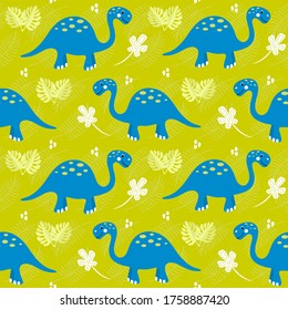 Seamless pattern with dinosaurs and tropical leaves and flowers. Vector illustration for textile and fabric.