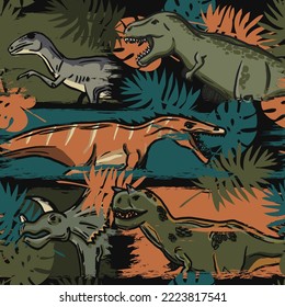 Seamless pattern with dinosaurs and tropical leaves on grunge strips. Background for textile, fabric, wrapping paper, kids, wear, clothes, web and other design.