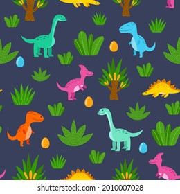 Seamless pattern with dinosaurs, tropical plants