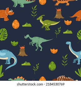 Seamless pattern with dinosaurs and tropical plants Wild animal illustration for kids. Vector illustration design