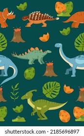 Seamless pattern with dinosaurs and tropical plants Wild animal illustration Vector design for fashiontextile graphics, prints.