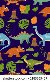 Seamless pattern with dinosaurs and tropical plants Wild animal illustration Vector design for fashiontextile graphics, prints.