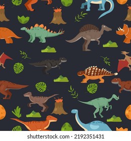 Seamless pattern with dinosaurs and tropical plants Wild animal illustration design for fashion.