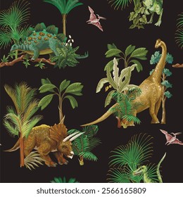 Seamless pattern with dinosaurs and tropical trees. Vector