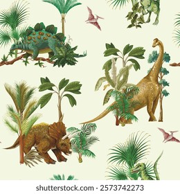 Seamless pattern with dinosaurs and tropical trees. Vector