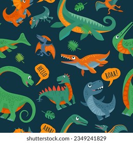 Seamless pattern with dinosaurs. Vector colorful flat illustration isolated on dark background. Design for t-shirt or poster