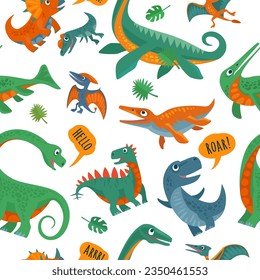 Seamless pattern with dinosaurs. Vector colorful flat illustration isolated on white background. Design for t-shirt or poster