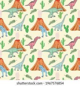 Seamless pattern with dinosaurs. Vector. Extinct prehistoric animals with volcanoes. Jurassic inhabitants. Children's background.