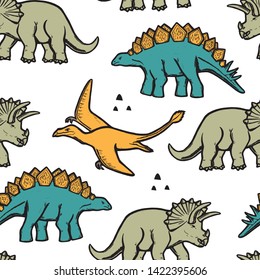 Seamless pattern with dinosaurs. Vector illustration, design of wild animals, reptiles, for printing on fabric, clothing, packaging paper, bedding, printing, postcards. Cute baby background.