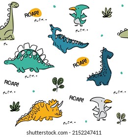 Seamless pattern with dinosaurs. Vector illustration set of cute dinosaur: pterosaur, kentrosaurus, igunodon, brontosaurus, stegosaurus. Children's pictures for printing on fabric