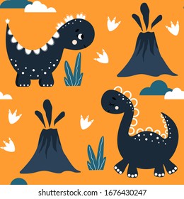 Nahtloses Muster mit Dinosauriern und Vulkan auf gelbem Hintergrund. Der lustige Cartoon dino nahtloses Muster. Dinosauriermuster-Vektorillustration. Handgezeichnetes Kindermuster für Modebekleidung, Hemd, Stoff.