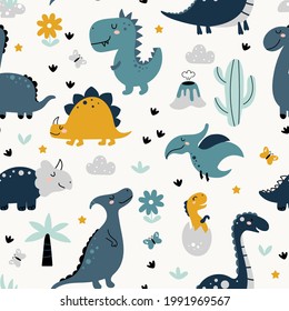 Seamless pattern with dinosaurs volcanoes and tropical plants on white background. Wild animal illustration for kids. Vector illustration design for fashion fabrics, textile graphics, prints.