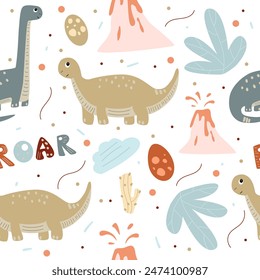 Patrón sin fisuras con dinosaurios, volcanes, plantas tropicales, huevos y varios puntos sobre fondo blanco. Ilustración de animales salvajes para niños en tonos pastel. diseño de Ilustración vectorial 