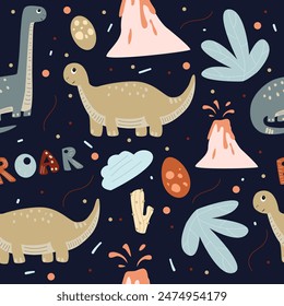 Seamless pattern with dinosaurs volcanoes, tropical plants, eggs and various dots on dark background. Wild animal illustration for kids in pastel shades. Vector illustration design 