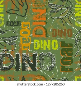seamless pattern with dinosaurs and the words dino and roar