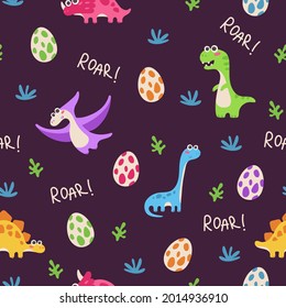 Seamless pattern with dinosaurus, dino, with eggs, grass, word Roar isolated on black. Vector illustration for postcard, banner, decor, design, arts, web, calendar, advirtising.