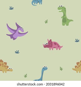 Seamless pattern with dinosaurus, dino, with grass on green background. Vector illustration, print for packaging, fabrics, wallpapers, textiles.