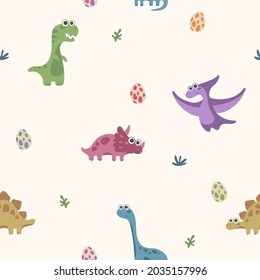 Seamless pattern with dinosaurus, dino, with grass, eggs on yellow background. Vector illustration, print for packaging, fabrics, wallpapers, textiles.