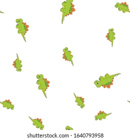 Seamless pattern of dinosaurus stegosaurus. Green dinosaurs isolated on white background. Vector illustration