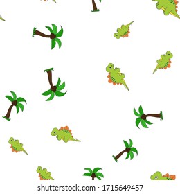 Seamless pattern of dinosaurus stegosaurus and palm coconut. Isolated on white background. Vector illustration.