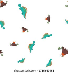 Seamless pattern of dinosaurus stegosaurus and vulcano eruption. Isolated on white background. Vector illustration.