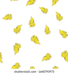 Seamless pattern of dinosaurus triceratops. Yellow dinosaurs isolated on white background. Vector illustration