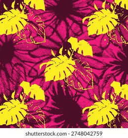 Seamless pattern with dip colour dot flower and yellow light leaf. Hand drawn vector illustration. Boho, cottage core, needlework retro wallpa.eps.eps