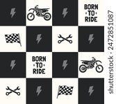 Seamless pattern with dirt bikes, checkered flags, wrenches. Motocross themed seamless pattern. 
