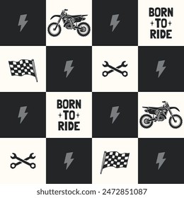 Seamless pattern with dirt bikes, checkered flags, wrenches. Motocross themed seamless pattern. 