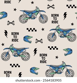 Seamless pattern with dirt bikes. Motocross themed seamless pattern. 