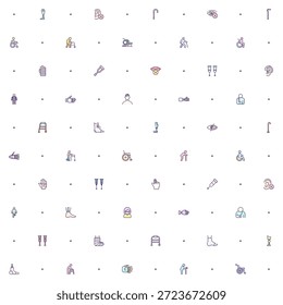 Patrón sin fisuras Personas de discapacidad Icono de pictogramas sobre fondo blanco. Iconos incluidos como atención médica para discapacitados, herramientas médicas, equipo, figura de palo, muletas, silla de ruedas