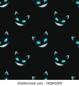 Seamless pattern with disappearing cat faces on black background. Cheshire Cat texture. Vector illustration. svg
